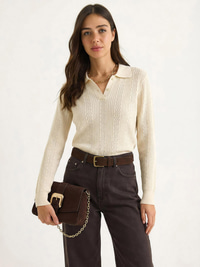 Polo Yaka Patlı Regular Fit Triko Kazak 20258063 - Krem KAZAK modelleri