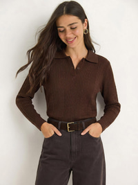 Polo Yaka Patlı Regular Fit Triko Kazak 20258063 - Kahverengi KAZAK modelleri