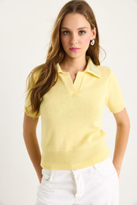 Polo Yaka Taş Detaylı Yazlık Triko Bluz 20246856 - Sarı