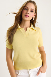 Polo Yaka Taş Detaylı Yazlık Triko Bluz 20246856 - Sarı