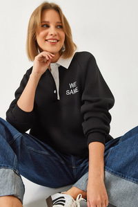 Polo Yaka Üç İplik Şardonlu Sweatshirt 2069 60261149 - Siyah