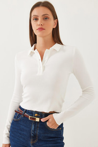 Polo Yaka Yarım Düğmeli Fitilli Crop Bluz 60351020 - Beyaz BLUZ modelleri