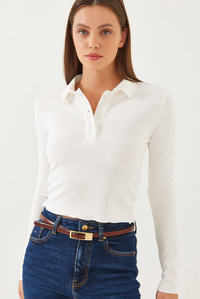 Polo Yaka Yarım Düğmeli Fitilli Crop Bluz 60351020 - Beyaz BLUZ modelleri