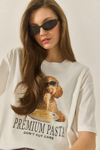 Premium Baskılı Bisiklet Yaka Oversize Pamuklu T-Shirt ÖT251033 60283295 - Ekru