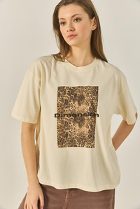 Premium Leopar Baskılı Oversize Pamuklu T-Shirt ÖT251040 60283293 - Bej