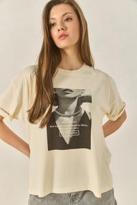 Premium Resim Baskılı Oversize Pamuklu T-Shirt ÖT251039 60283294 - Bej