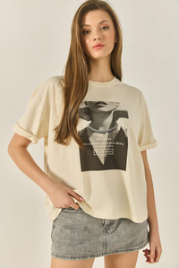 Premium Resim Baskılı Oversize Pamuklu T-Shirt ÖT251039 60283294 - Bej