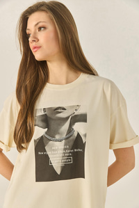Premium Resim Baskılı Oversize Pamuklu T-Shirt ÖT251039 60283294 - Bej