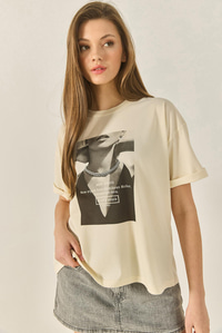 Premium Resim Baskılı Oversize Pamuklu T-Shirt ÖT251039 60283294 - Bej