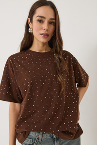 Pul Detaylı Bisiklet Yaka Kısa Kollu T-Shirt 3028 60283149 - Kahverengi