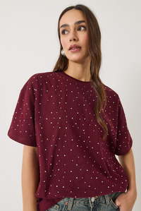 Pul Detaylı Bisiklet Yaka Kısa Kollu T-Shirt 3028 60283149 - Bordo