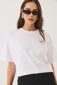 Pul Detaylı Bisiklet Yaka Kısa Kollu T-Shirt 3028 60283149 - Beyaz