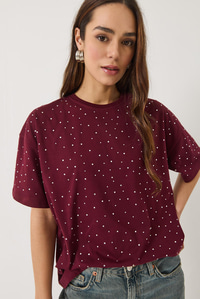 Pul Detaylı Bisiklet Yaka Kısa Kollu T-Shirt 3028 60283149 - Bordo