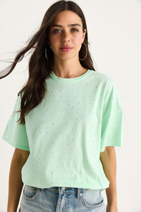 Pul Detaylı Bisiklet Yaka Kısa Kollu T-Shirt 3028 60283149 - Su Yeşili