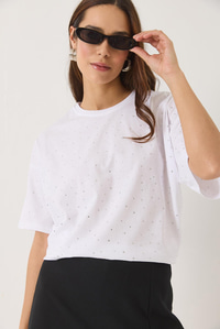 Pul Detaylı Bisiklet Yaka Kısa Kollu T-Shirt 3028 60283149 - Beyaz