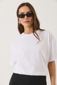 Pul Detaylı Bisiklet Yaka Kısa Kollu T-Shirt 3028 60283149 - Beyaz