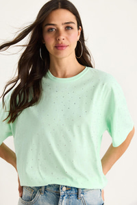 Pul Detaylı Bisiklet Yaka Kısa Kollu T-Shirt 3028 60283149 - Su Yeşili