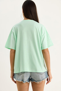 Pul Detaylı Bisiklet Yaka Kısa Kollu T-Shirt 3028 60283149 - Su Yeşili