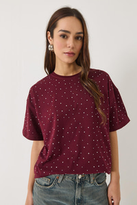 Pul Detaylı Bisiklet Yaka Kısa Kollu T-Shirt 3028 60283149 - Bordo