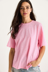 Pul Detaylı Bisiklet Yaka Kısa Kollu T-Shirt 3028 60283149 - Pembe