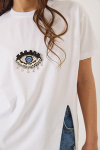 Pul Payet Aksesuarlı Yırtmaç Detaylı Kısa Kollu T-Shirt 60602029 - Beyaz