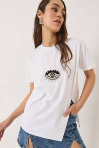 Pul Payet Aksesuarlı Yırtmaç Detaylı Kısa Kollu T-Shirt 60602029 - Beyaz