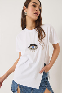 Pul Payet Aksesuarlı Yırtmaç Detaylı Kısa Kollu T-Shirt 60602029 - Beyaz