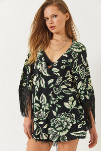 Püskül Detaylı Bağlamalı Desenli Kısa Viskon Kimono 60261497 - Siyah