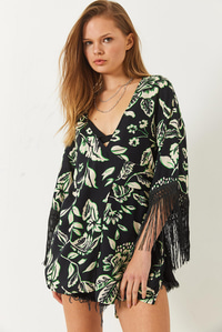 Püskül Detaylı Bağlamalı Desenli Kısa Viskon Kimono 60261497 - Siyah