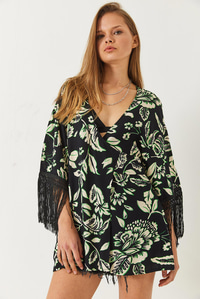 Püskül Detaylı Bağlamalı Desenli Kısa Viskon Kimono 60261497 - Siyah