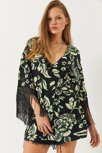 Püskül Detaylı Bağlamalı Desenli Kısa Viskon Kimono 60261497 - Siyah