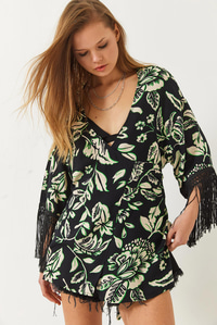 Püskül Detaylı Bağlamalı Desenli Kısa Viskon Kimono 60261497 - Siyah