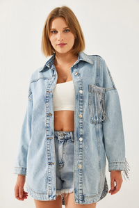 Püsküllü Denim Ceket 60351235 - Mavi