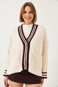 Renkli Yaka Cepli Triko Hırka 241130 60261324 - Krem-Bordo