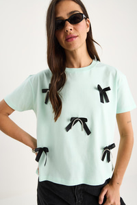 Saten Kurdela Aksesuarlı Taş Detaylı T-Shirt 60602011 - Mint Yeşili