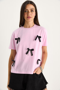 Saten Kurdela Aksesuarlı Taş Detaylı T-Shirt 60602011 - Pembe