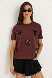 Saten Kurdela Aksesuarlı Taş Detaylı T-Shirt 60602011 - Kahve