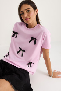Saten Kurdela Aksesuarlı Taş Detaylı T-Shirt 60602011 - Pembe