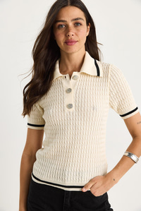 Sekiz İlmek Örgü Şerit Detaylı Polo Yaka Triko T-Shirt 20258022 - Ekru
