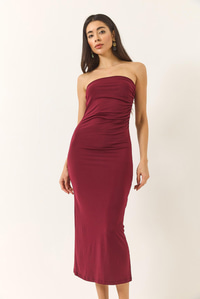 Straplez Yırtmaç Detaylı Saran Sandy Elbise 287 60283179 - Bordo