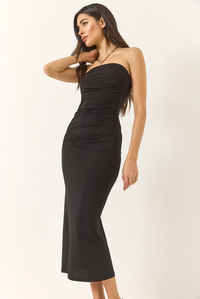 Straplez Yırtmaç Detaylı Saran Sandy Elbise 287 60283179 - Siyah