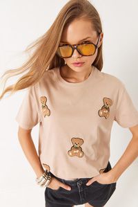 Süzene Teddy Nakışlı Regular T-Shirt 6544 60283067 - Bej