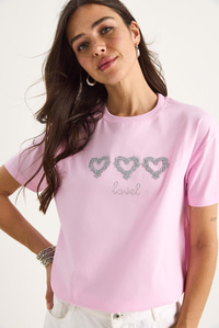 Taşlı Kalp Aksesuarlı Normal Kalıp Pamuklu T-Shirt 60602069 - Şeker Pembe