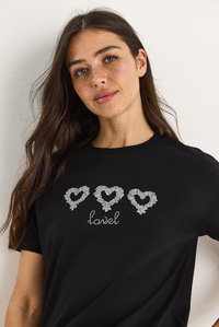 Taşlı Kalp Aksesuarlı Normal Kalıp Pamuklu T-Shirt 60602069 - Siyah
