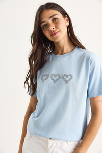 Taşlı Kalp Aksesuarlı Normal Kalıp Pamuklu T-Shirt 60602069 - Bebe Mavisi