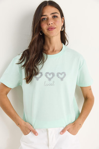 Taşlı Kalp Aksesuarlı Normal Kalıp Pamuklu T-Shirt 60602069 - Su Yeşili