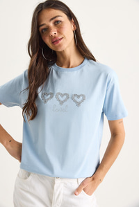 Taşlı Kalp Aksesuarlı Normal Kalıp Pamuklu T-Shirt 60602069 - Bebe Mavisi