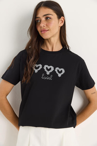 Taşlı Kalp Aksesuarlı Normal Kalıp Pamuklu T-Shirt 60602069 - Siyah