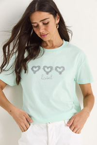 Taşlı Kalp Aksesuarlı Normal Kalıp Pamuklu T-Shirt 60602069 - Su Yeşili