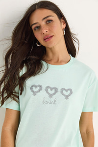 Taşlı Kalp Aksesuarlı Normal Kalıp Pamuklu T-Shirt 60602069 - Su Yeşili